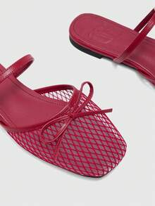 CUCCOO BIZCHIC New Women's Popular Summer Fashion Elegant Splicing Breathable Mesh Bow Decoration, Slip-On Square Top Flat Bottom With Adjustable Buckle Fall Shoes - Red - View 4