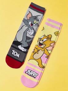 TOM & JERRY X SHEIN 2 双柔软透气吸湿排汗休闲情侣中筒袜，卡通条纹图案，时尚可爱，灰色和粉色中筒袜，加固脚趾和脚跟，经久耐用，男女通用，四季百搭 - 彩色 - 查看 2