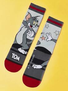 TOM & JERRY X SHEIN 2 双柔软透气吸湿排汗休闲情侣中筒袜，卡通条纹图案，时尚可爱，灰色和粉色中筒袜，加固脚趾和脚跟，经久耐用，男女通用，四季百搭 - 彩色 - 查看 9