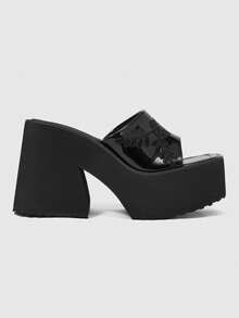 ROMWE Women's Fashionable And Casual Platform Wedge Sandals, Punk-Style Gothic Elegance With Glossy Floral Embroidery. - Black - View 1
