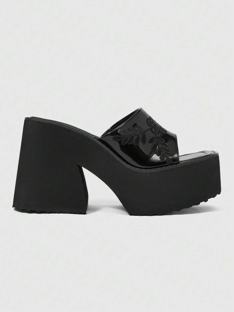 ROMWE Women's Fashionable And Casual Platform Wedge Sandals, Punk-Style Gothic Elegance With Glossy Floral Embroidery. - Black - View 1