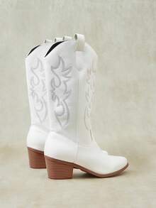 Styleloop Retro Old Pleated Pile Western Cowboy Short Boots Women's Pointed Thick Heel Sleeve Medium Boots Autumn And Winter Versatile Knight Boots - White - View 4
