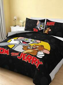 TOM & JERRY X SHEIN 3 件套卡通图案床上用品，拉绒材质，柔软温暖，黑色，多种尺寸可选，适用于单人床/双人床/大床/特大床 - 黑色 - 查看 4