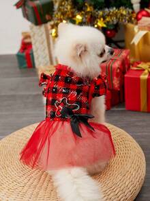 PETSIN Christmas Pet Dress With Mesh Fabric, Bow Tie And Red Black Plaid Pattern - Multicolor - View 6
