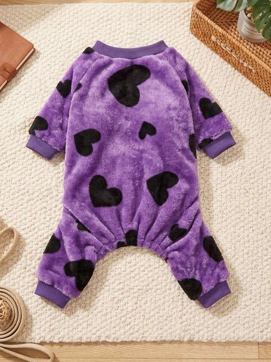 PETSIN 1 Piece Of Pet Cat Dog Universal Purple Heart Printed Wool Warm Flannel Jumpsuit - Multicolor - View 1