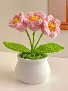1Pc Hand‑Crocheted 3‑Head Lily Of The Valley Potted Plant, Knitted Artificial Flower Bonsai, Desktop Ornament, Handmade Home Decor Gift - A - View 8