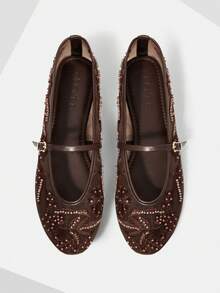 MOTF LADIES ELEGANT LACE EMBROIDERED FAUX PEARL DECORATIVE FLATS, COMFORTABLE AND BREATHABLE ADJUSTABLE BUCKLE STRAPS, DAILY VERSATILE SHOES - dark brown - View 1