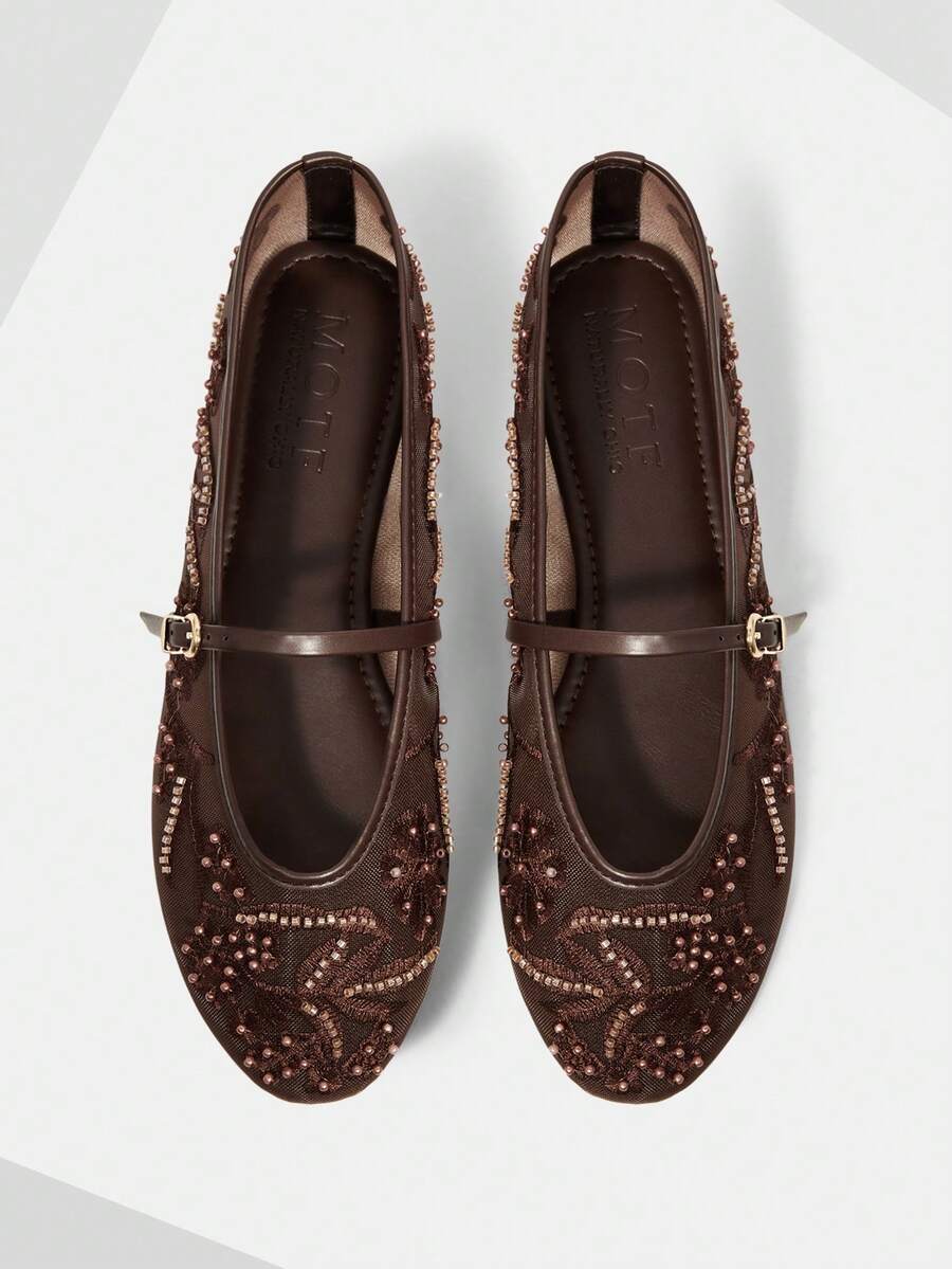 MOTF LADIES ELEGANT LACE EMBROIDERED FAUX PEARL DECORATIVE FLATS, COMFORTABLE AND BREATHABLE ADJUSTABLE BUCKLE STRAPS, DAILY VERSATILE SHOES - dark brown - View 1