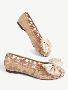 CUCCOO CHICEST Round Toe Bow Cute Lady Flat Shoes Transparent Mesh Flower Apricot Commuter Flat Shoes Doudou Shoes - Apricot - View 4