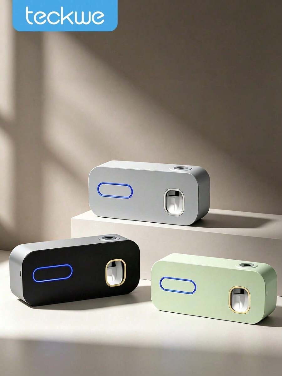 Teckwe 400mAh 智慧牙刷消毒收納架，附自動牙膏擠壓器，壁掛式 5 格收納，耐用塑料材質，USB 充電鋰電池，現代浴室收納與居家裝飾，浴室牙刷架