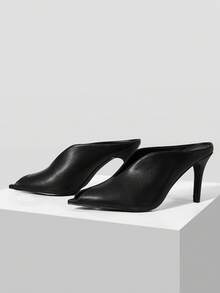 Mnmlis Black Lychee Pattern High-Heeled Mules Women's V-Cut Peep Toe Thin-Heeled, Commuting Dating Elegant Sandals Fall Shoes - Black - View 2
