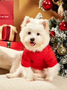PETSIN 1件可愛聖誕馴鹿印花紅色狗狗抓絨衛衣，保暖寵物服飾 - 彩色 - 查看 7