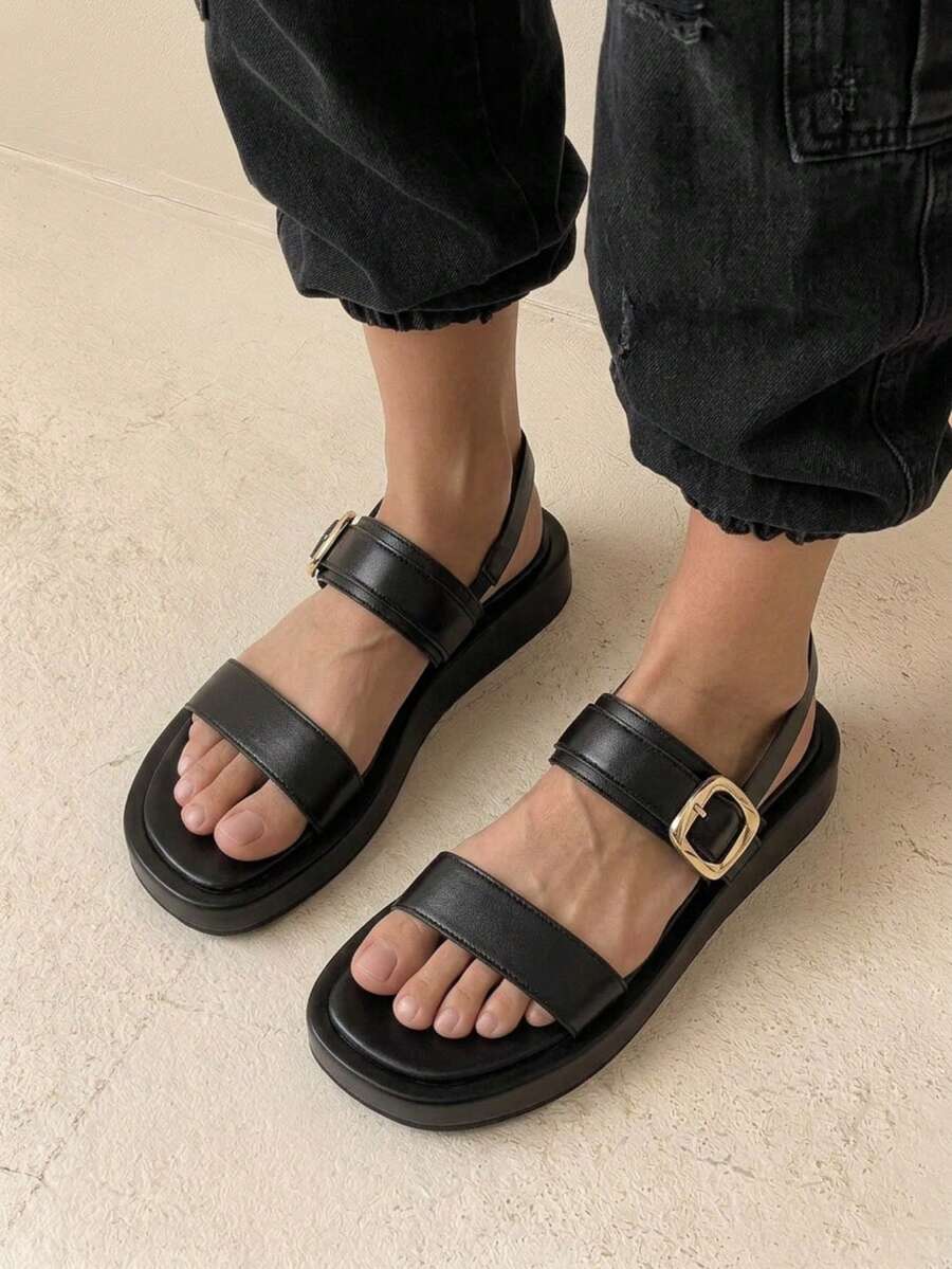 HighSole 女士鞋履 高级金属扣双带凉鞋 露趾方头厚底平底鞋 简约气质都市休闲女凉鞋 通勤购物度假装 - 黑色 - 查看 1