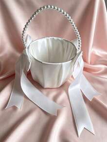 2Pcs Wedding Flower Girl Baskets, Satin Flower Basket With Cute Pearl Handle & Bowknot, Wedding Ceremony Decor Supplies, Ivory Color - Pearl Bow Flower Basket - View 12