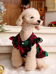 PETSIN 1pc Christmas Pet Red & Green Plaid Puff Sleeve Dress - Multicolor - View 9