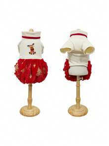 PETSIN Christmas Pet Dog Dress Reindeer Embroidery Red Fuzzy Skirt Winter Warm Xmas Holiday Outfit For Small Puppy Cat - White - View 6