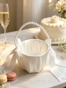2Pcs Wedding Flower Girl Baskets, Satin Flower Basket With Cute Pearl Handle & Bowknot, Wedding Ceremony Decor Supplies, Ivory Color - Pearl Bow Flower Basket - View 9