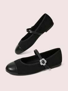 CUCCOO DOLLMOD Ladies' Elegant Black Mary Jane Flats, Rhinestone Decorative Buckle Round Toe Casual Galoshes, Suitable For Daily Parties Fall Shoes - Black - View 3