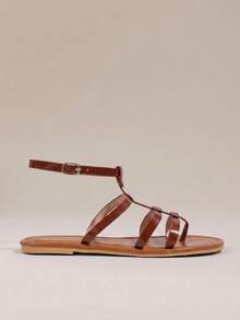 HighSole 女士简约时尚心形装饰人字拖，金属色夏季户外沙滩平底凉鞋 - 棕色 - 查看 2