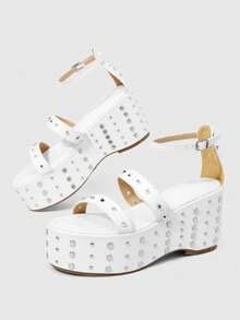 Sugerpunk Ladies, Spike Buckles, Lame-Heeled Platform Sandals. - White - View 4