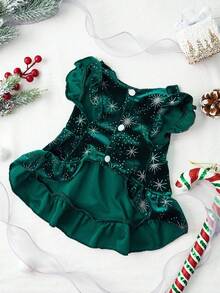 PETSIN 1pc Premium Pet Snowflake & Star Print Velvet Dress, Christmas, Green - Multicolor - View 8