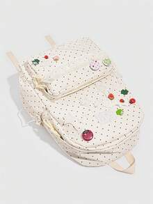ROMWE Kawaii 1 chiếc ba lô Y2K họa tiết chấm bi ngọt ngào, cặp sách học sinh có huy hiệu nốt nhạc ngôi sao và bèo ren, dùng cho đi học và du lịch - Màu vàng nhạt - Xem 4