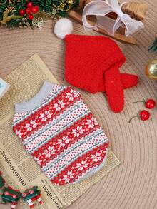 PETSIN Pet Christmas Outfit Knit Snowflake Dog Sweater With Pom‑Pom Santa Hat Warm Winter Clothes For Small Dogs Cats - Red - View 12