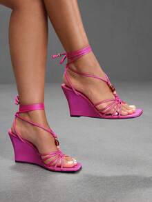 CUCCOO SZL Ladies Fashion Elegant Party, Thick Heel Wedge, Square Toe Kink, Lace-Up Beaded Sandals - Hot Pink - View 3