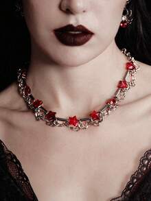 MortiRose Red Star Stainless Steel Splicing Chain Necklace, Halloween, Halloween Accessories/Gothic/Dark/Black - Silver - View 1