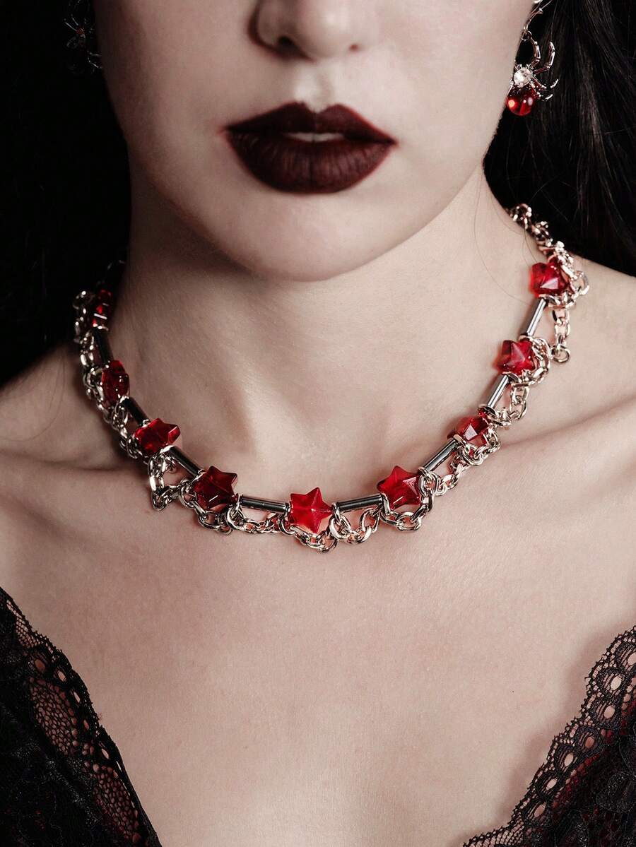 MortiRose Red Star Stainless Steel Splicing Chain Necklace, Halloween, Halloween Accessories/Gothic/Dark/Black - Silver - View 1