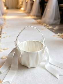 2Pcs Wedding Flower Girl Baskets, Satin Flower Basket With Cute Pearl Handle & Bowknot, Wedding Ceremony Decor Supplies, Ivory Color - Pearl Bow Flower Basket - View 8