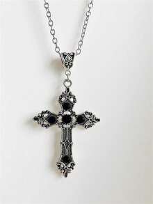 ROMWE 1pc Fashion Zinc Alloy Cross Charm Necklace For Women For Daily Decoration - Black - View 4