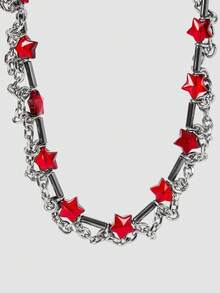 MortiRose Red Star Stainless Steel Splicing Chain Necklace, Halloween, Halloween Accessories/Gothic/Dark/Black - Silver - View 2