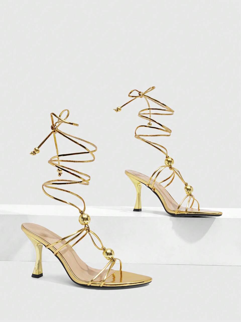CUCCOO SZL Women's Gold Strap-Up Bow Stiletto Open-Toe Fashion Women's Sandals