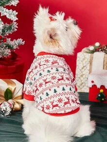 PETSIN 1 Pet Christmas Cat Dog Universal Red And Green Elk Snowflake Geometric Fer Island Pattern Print Plush Warm And Comfortable Dog Christmas - Multicolor - View 6