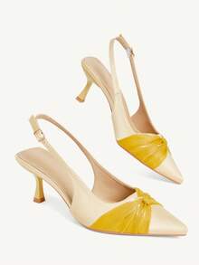 CUCCOO CHICEST Pointed Gentle Temperament Fashionable Versatile Rhinestone Design Sense Bow Elegant Fairy Back Empty Satin Yellow High Heels - Yellow - View 4