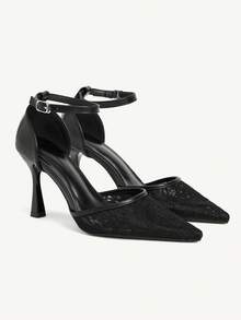 CUCCOO CHICEST 尖頭鏤空蕾絲鏤空百搭優雅仙女風性感黑色高跟鞋 - 黑色 - 查看 4