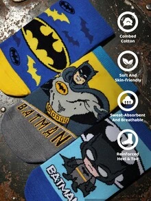 BATMAN X SHEIN 3 双棉质柔软透气吸湿排汗男童儿童短袜蓝色可爱卡通踝袜加固脚趾和脚跟，经久耐用，四季百搭，适合学校和户外 - 彩色 - 查看 3