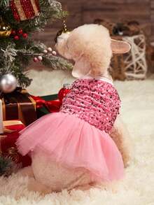 PETSIN Christmas Sparkly Pink Glitter Princess Mesh Tutu Skirt, For Dogs & Cats Party Wear, Fluffy & Shiny - Pink - View 7