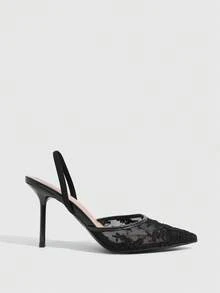 CUCCOO SZL Ladies Pointed Round Mouth Lace Surface. Cone Lacquered Heel. Elastic Rear Strap Empty Single Shoe. Four Seasons Festival Commuter Women's Shoes - Black - View 2