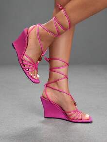 CUCCOO SZL Ladies Fashion Elegant Party, Thick Heel Wedge, Square Toe Kink, Lace-Up Beaded Sandals - Hot Pink - View 1