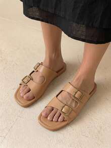 HighSole 女士平底凉鞋 舒适搭扣套脚凉鞋 - 卡其色 - 查看 3