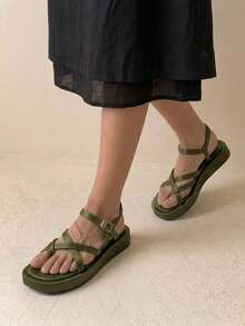 HighSole Spring And Summer New Multi-Belt Cross Back Buckle Design Open Platform Simple Versatile Wind Green Women's Sandals Daily Commuting Shopping Wear - Dark Green - View 4