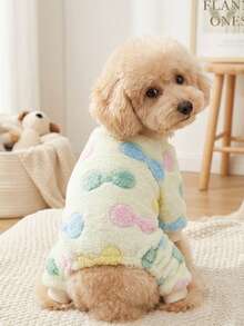 PETSIN 1pc Pet Dog/Cat Apricot Fleece Warm Jumpsuit With Bow & Graphic Print, Flannel Fabric - Multicolor - View 3