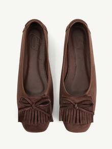 CUCCOO CHICEST Women's Coffee Brown Soft Suede-Like Flat Shoes With Tassel Bow, Square Toe, Soft Sole, Gentle Sweet Style, Suitable For All Seasons, Commuting And Dating - Coffee Brown - View 1