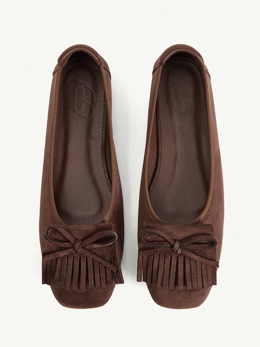 CUCCOO CHICEST Women's Coffee Brown Soft Suede-Like Flat Shoes With Tassel Bow, Square Toe, Soft Sole, Gentle Sweet Style, Suitable For All Seasons, Commuting And Dating - Coffee Brown - View 1
