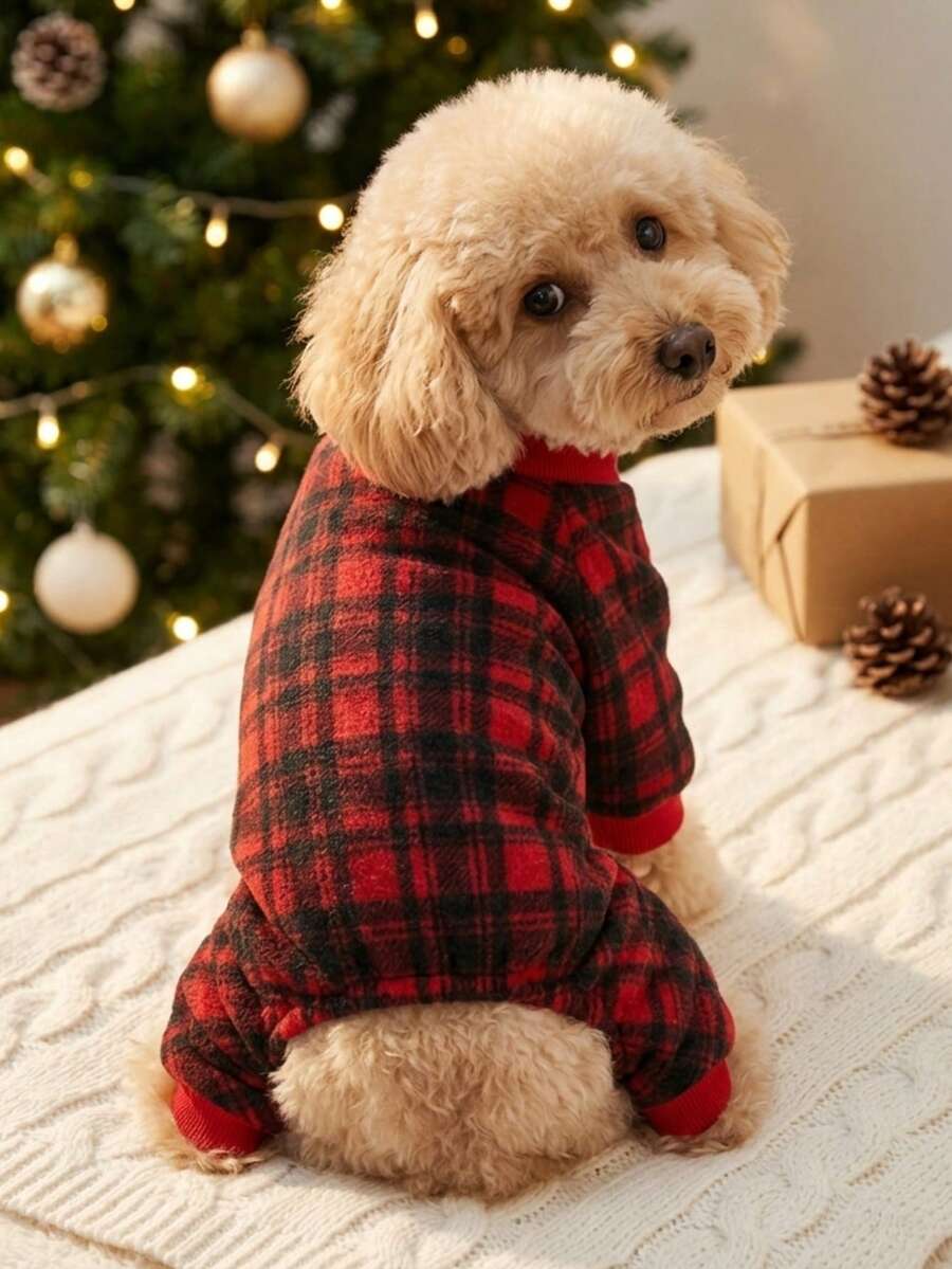 PETSIN 1pc Plaid Fleece Warm Jumpsuit Outfit For Medium Small Dog Breeds Like Poodle - Multicolor - View 1