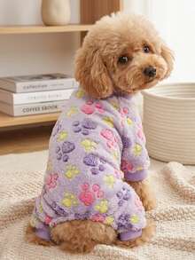 PETSIN 1pc Pet Paw Print Fleece Pet Jumpsuit, Soft, Comfortable, Warm, And Anti Shedding Pet Clothing - Multicolor - View 1