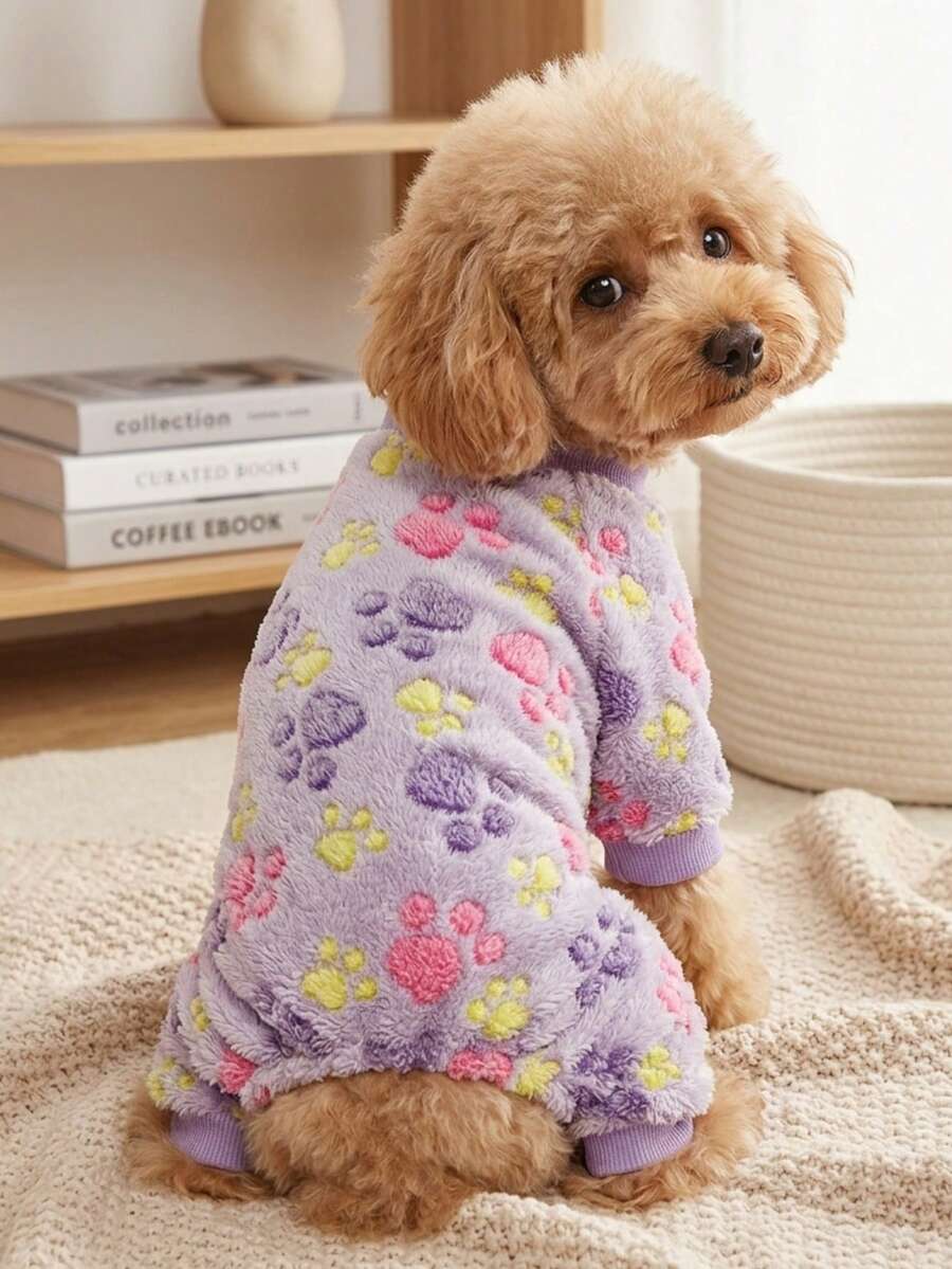 PETSIN 1pc Pet Paw Print Fleece Pet Jumpsuit, Soft, Comfortable, Warm, And Anti Shedding Pet Clothing - Multicolor - View 1