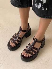 HighSole 女款時尚高跟綁帶涼鞋，簡約休閒日常款 - 咖啡棕鏡面 - 查看 4